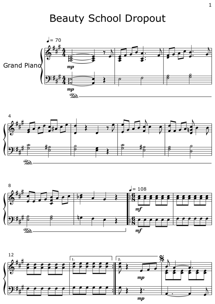 Beauty School Dropout Sheet Music For Piano