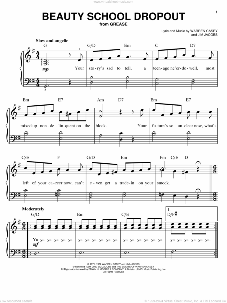 Beauty School Dropout Sheet Music For Piano Solo PDF 