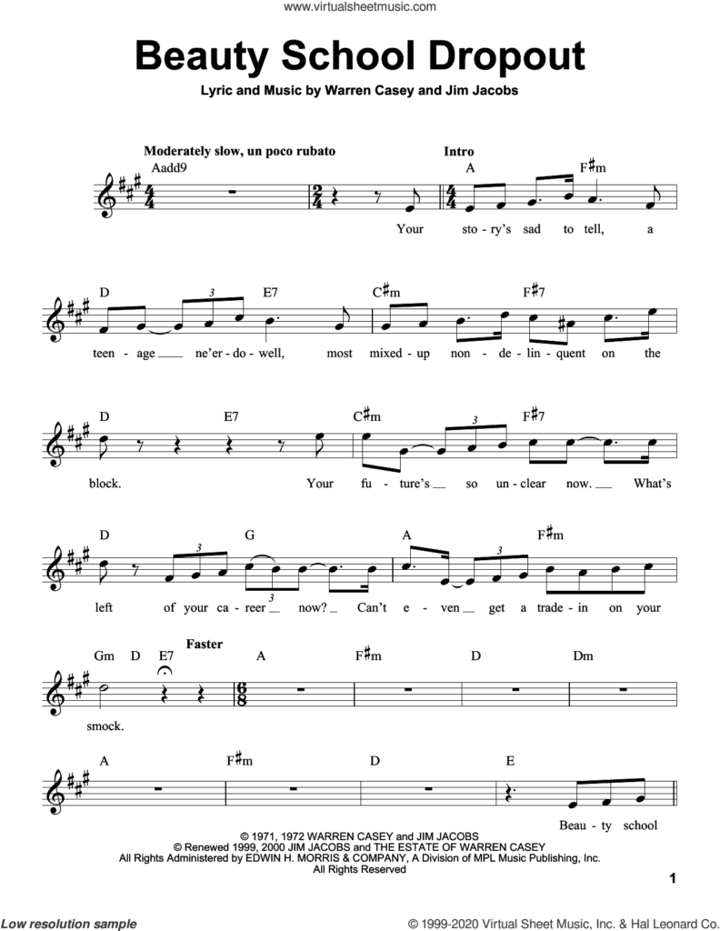 Beauty School Dropout Sheet Music For Voice Solo PDF 