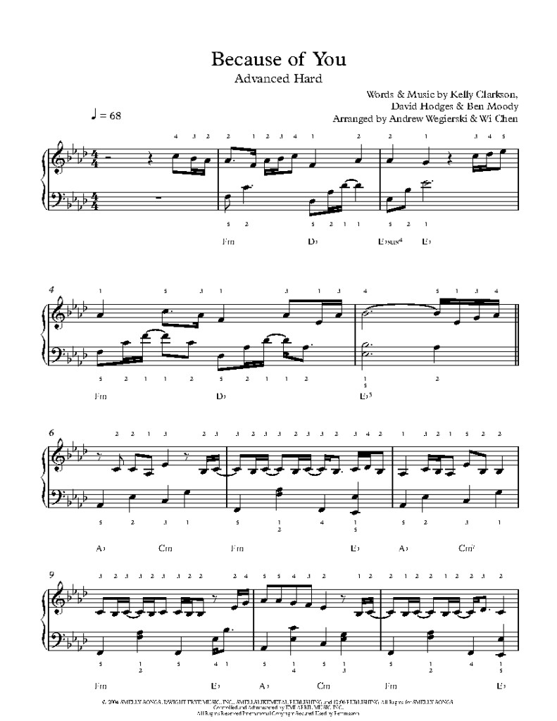 Because Of You By Kelly Clarkson Sheet Music Lesson Advanced Level