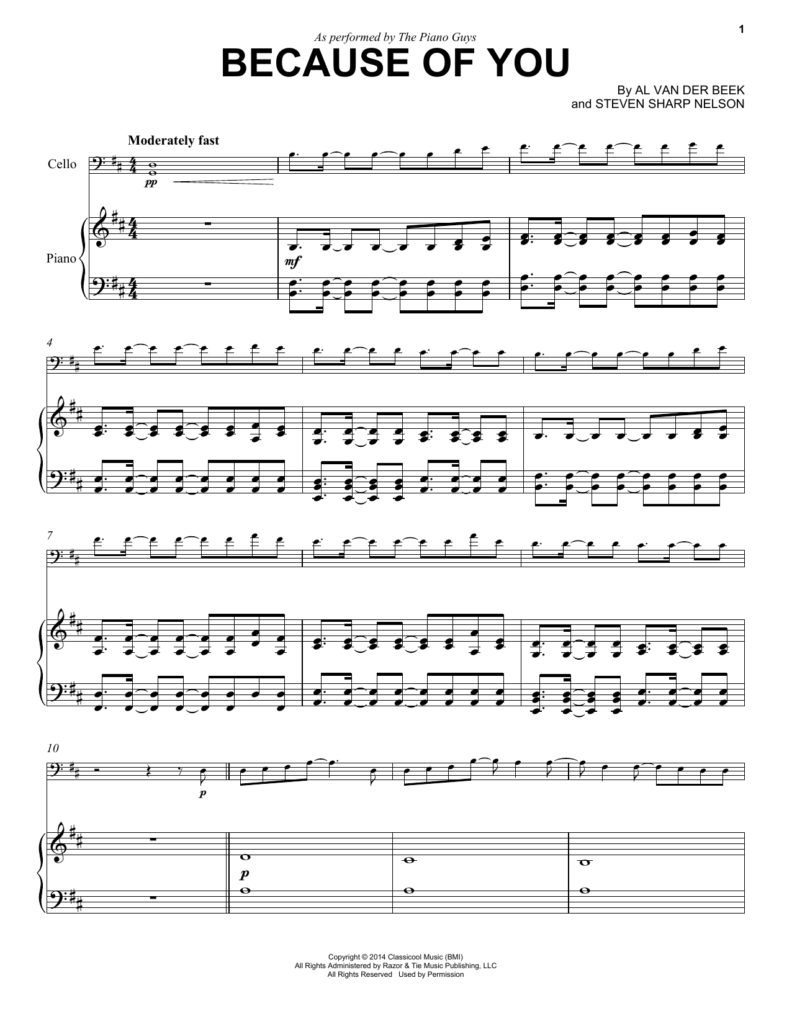Because Of You Cello And Piano Print Sheet Music Now