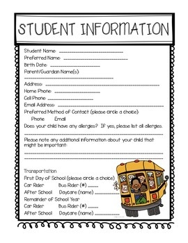Beginning Of The Year Student Information Sheet By Meredith Anne