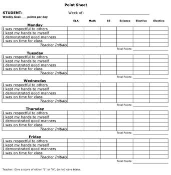 Behavior Chart Point Sheet By Erika West Teachers Pay Teachers