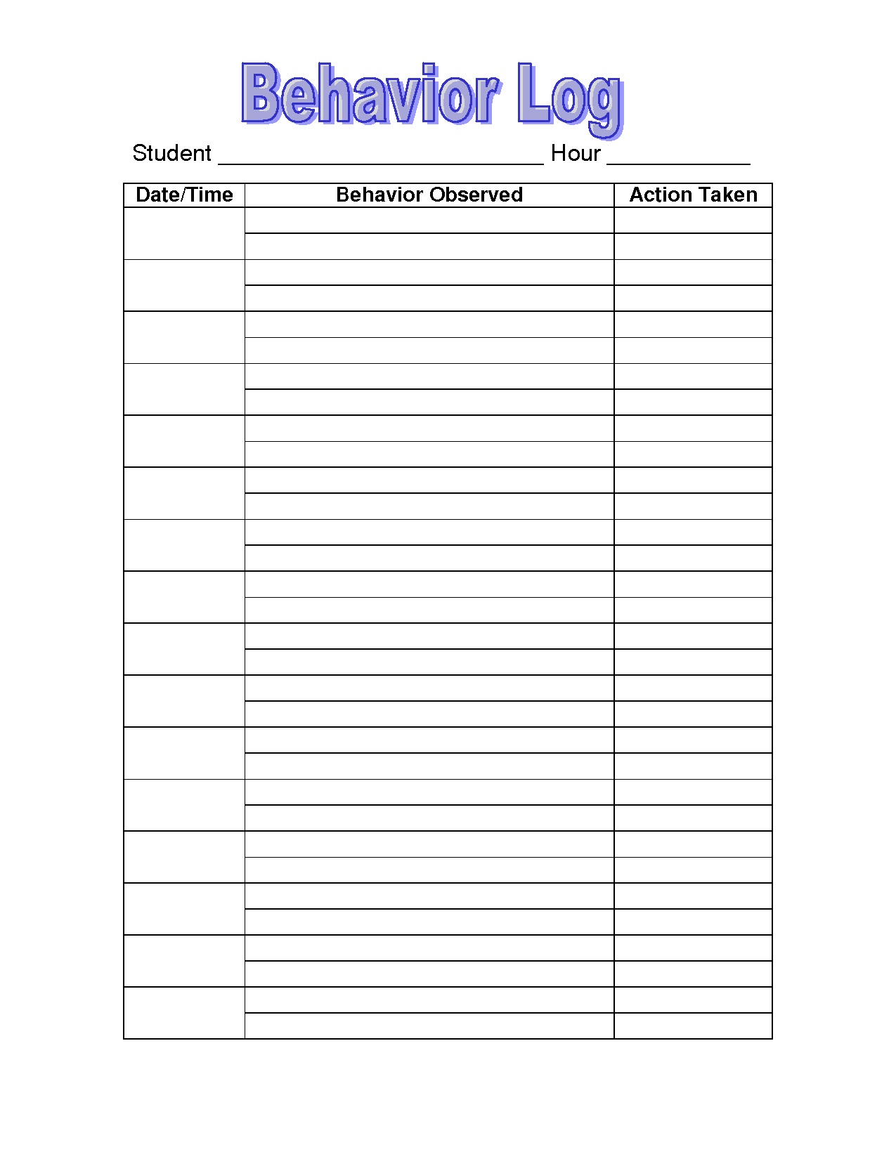 Behavior Log Student Behavior Log Template