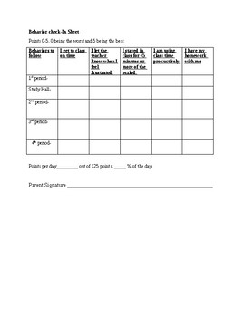 Behavior Point Sheet For Middle School By The Behavior Teacher TpT