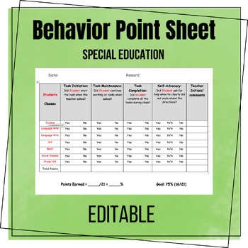 Behavior Point Sheet Middle School By Makayla Mattson TPT