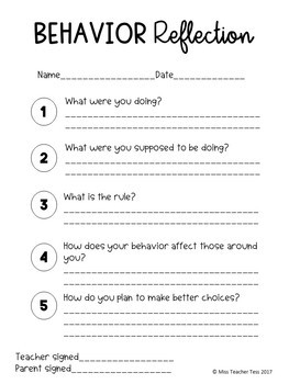 Behavior Reflection Sheet By Miss Teacher Tess TPT