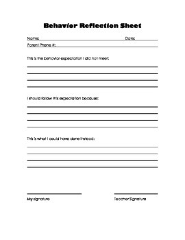 Behavior Reflection Sheet By Too Cool For Middle School TpT