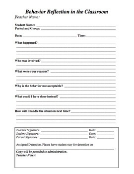 Behavior Reflection Sheet For Middle High School By Messy Art Teacher