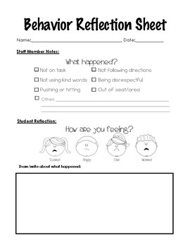 Behavior Reflection Sheet For Primary Grades By Jessica Standiford