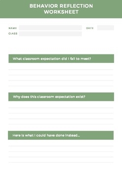 Behavior Reflection Sheet Middle High School By Shannon Patron