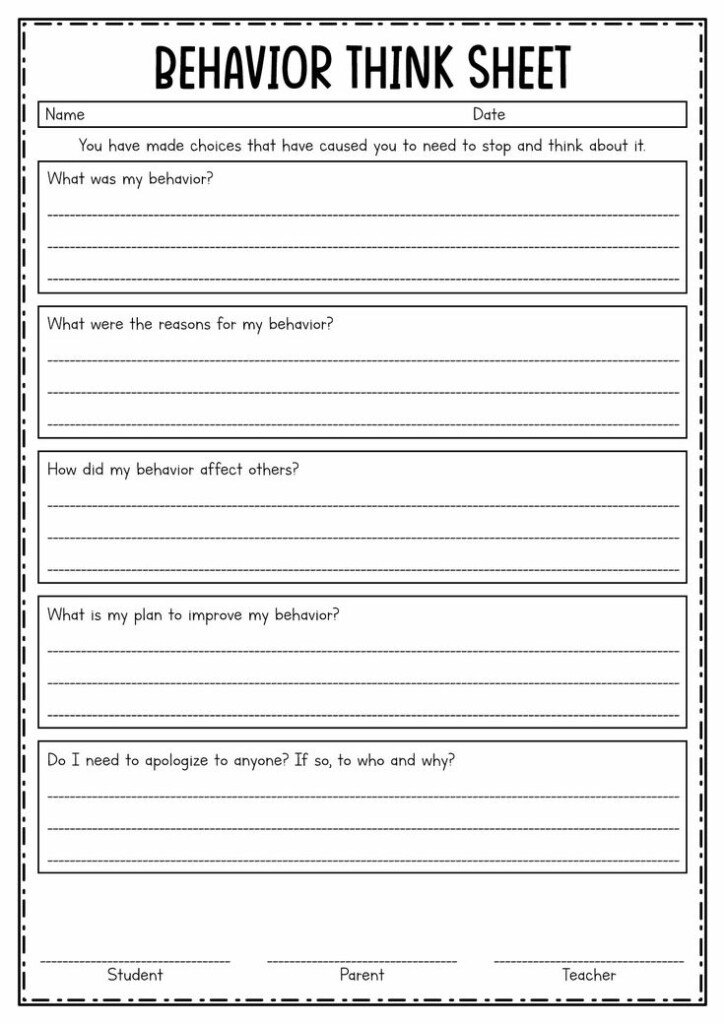 Behavior Reflection Think Sheet Behavior Reflection Classroom 
