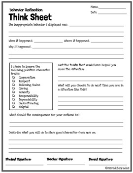 Behavior Reflection Think Sheet For Middle School By MsMiddleGrades