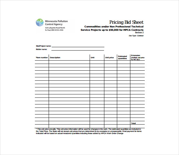Bid Sheet Template 10 Free Word PDF Documents Download