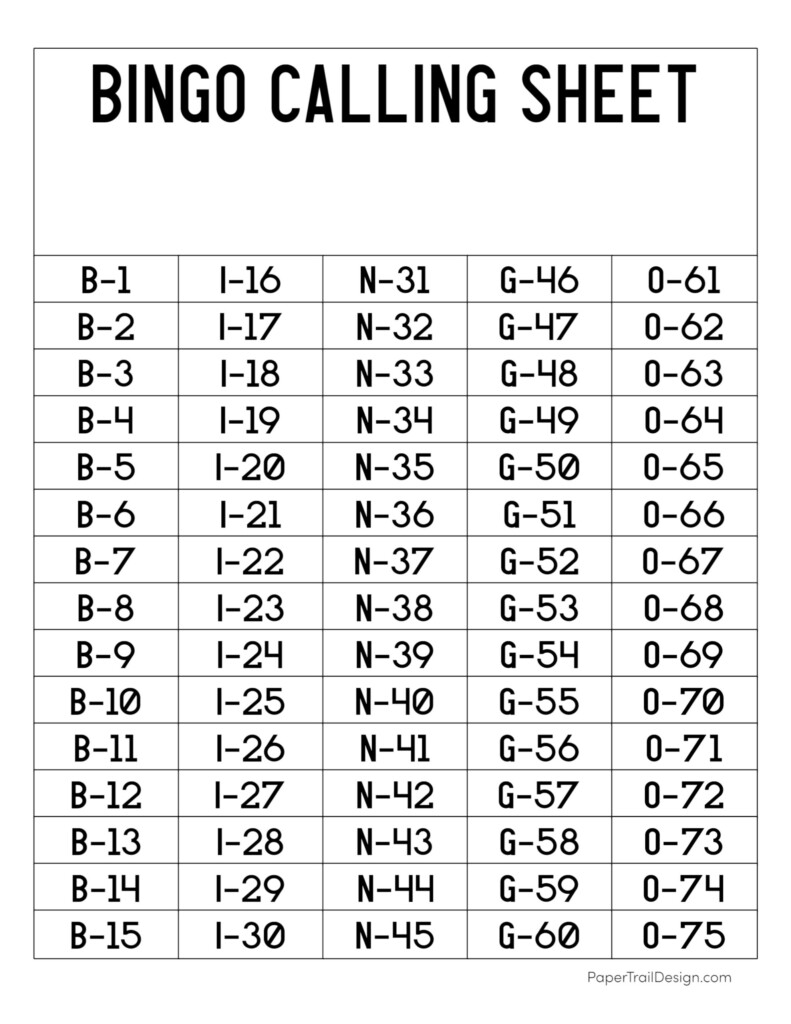 Bingo Call Sheet Printable