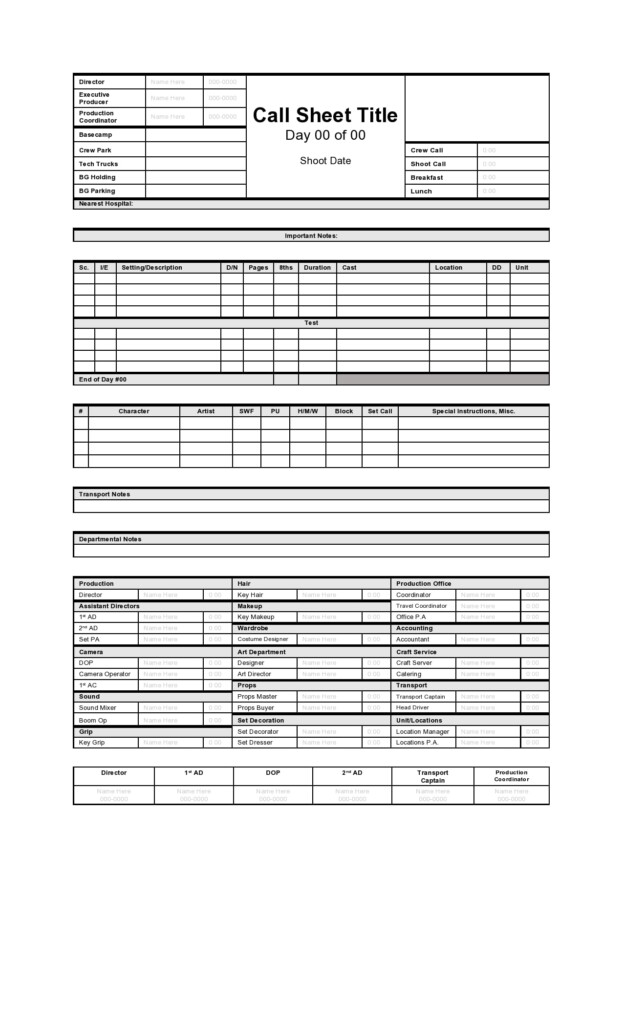 Blank Call Sheet Template Sampletemplate my id