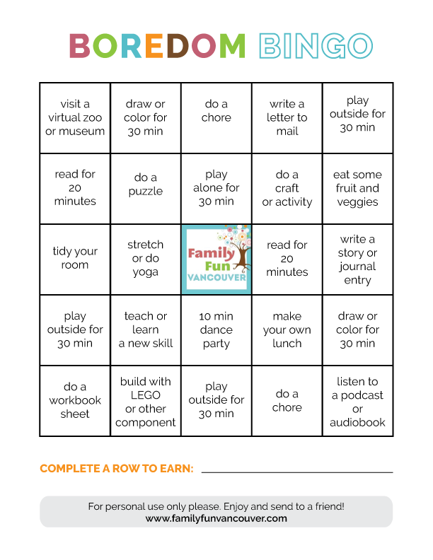 Boredom BINGO With FREE Printable Family Fun Vancouver School