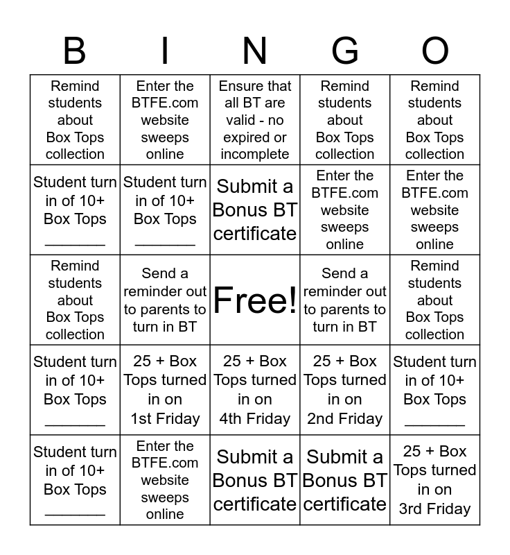 Box Tops Bingo Card