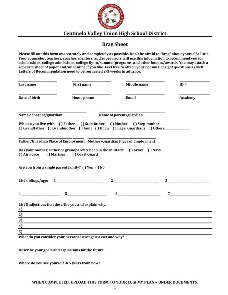 Brag Sheet Letter Of Recommendation Counseling Lawndale High School