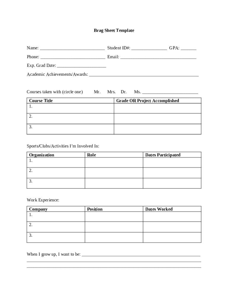 Brag Sheet Template Fill Online Printable Blank Doc Template 