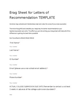 Brag Sheet Template For Letters Of Recommendation By My Treasure Box