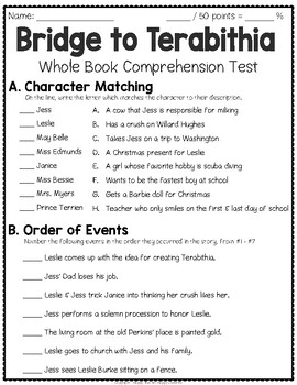 Bridge To Terabithia Test 4 Page Bridge To Terabithia Quiz With Answer Key