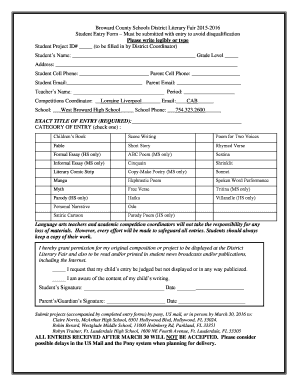 Broward County Schools District Literary Fair 20152016 Student Entry 
