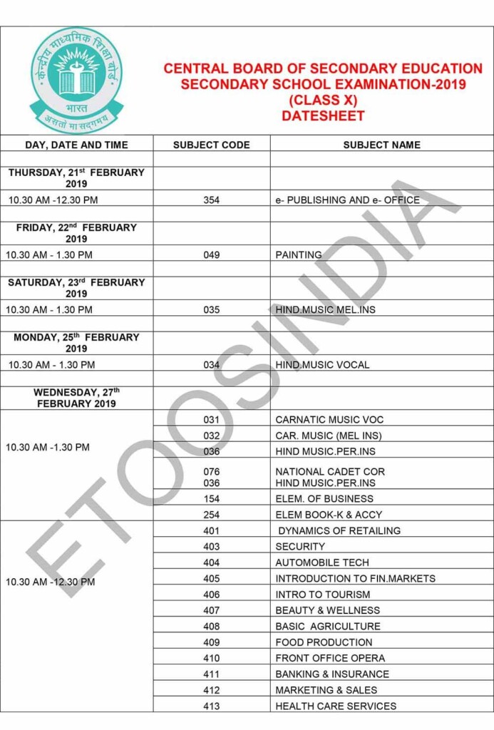 CBSE Class 10 Board Exam Date Sheet 2019 Pdf Download