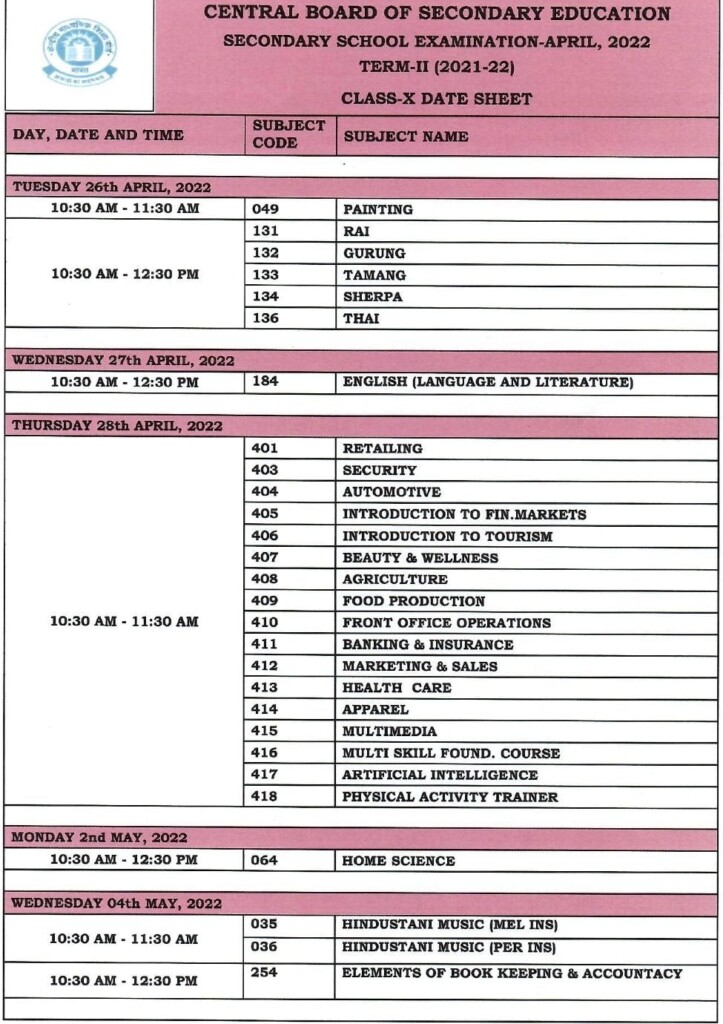 CBSE Class 10th Term 2 Time Table Date Sheet At Cbse gov in