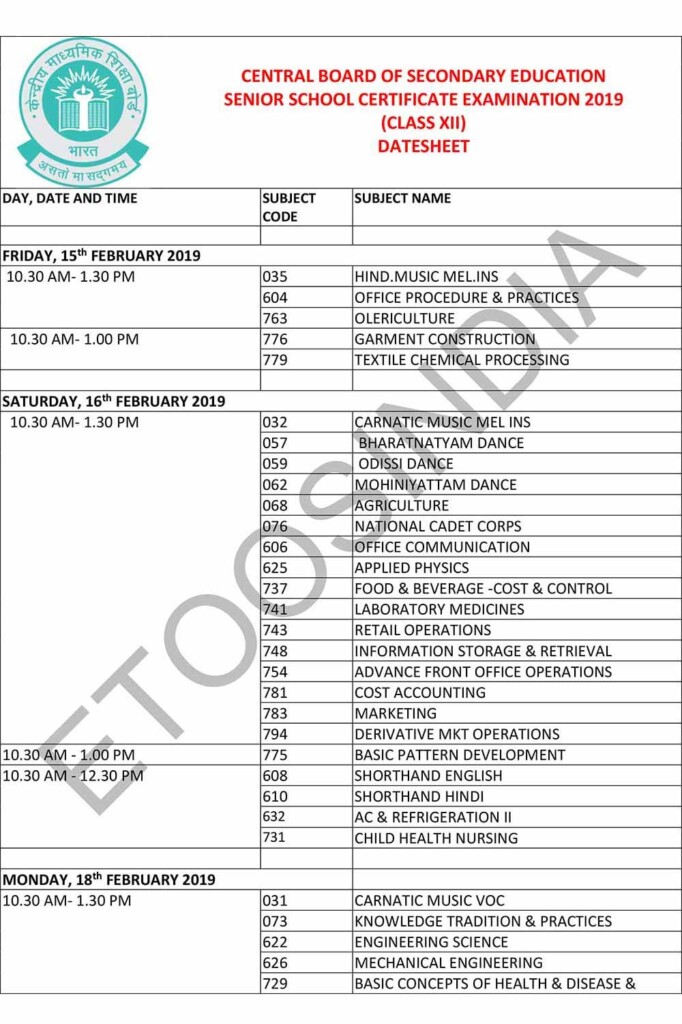 CBSE Class 12 Board Exam Date Sheet 2019 Pdf Download