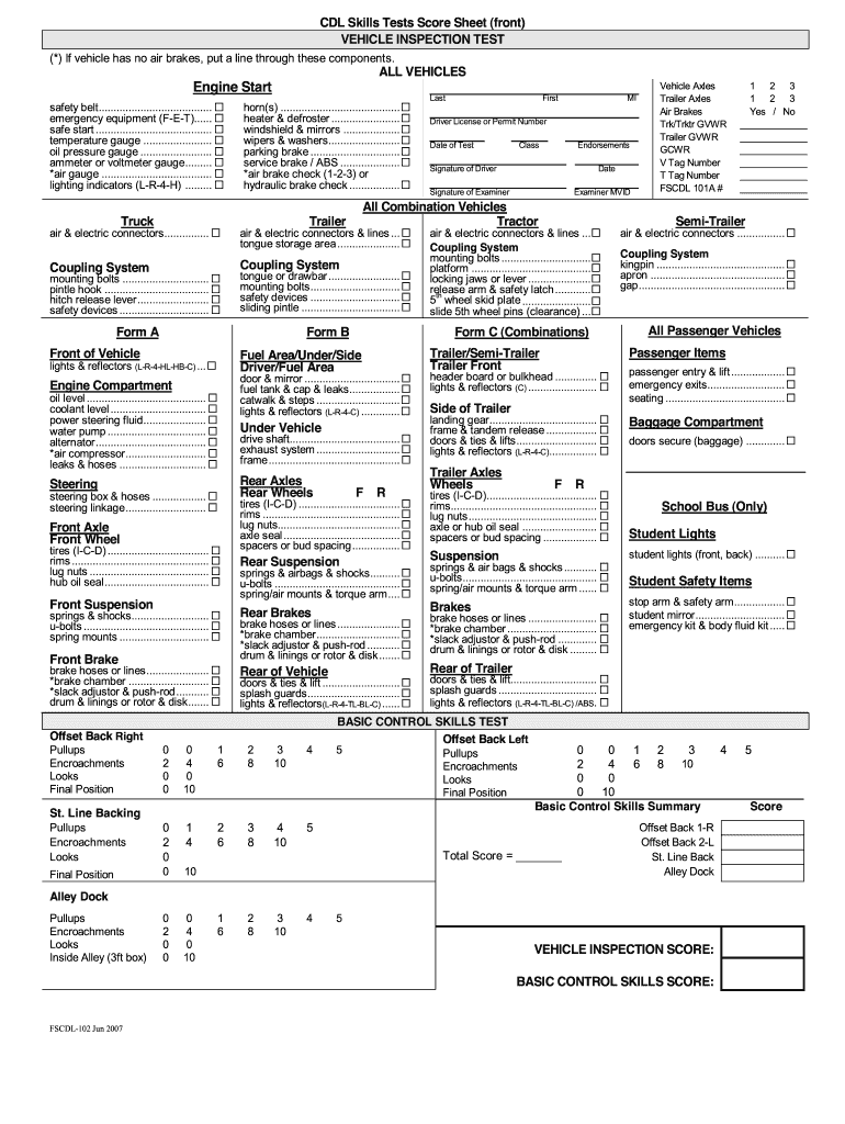 Cdl Driving Test Score Sheet Fill Online Printable Fillable Blank