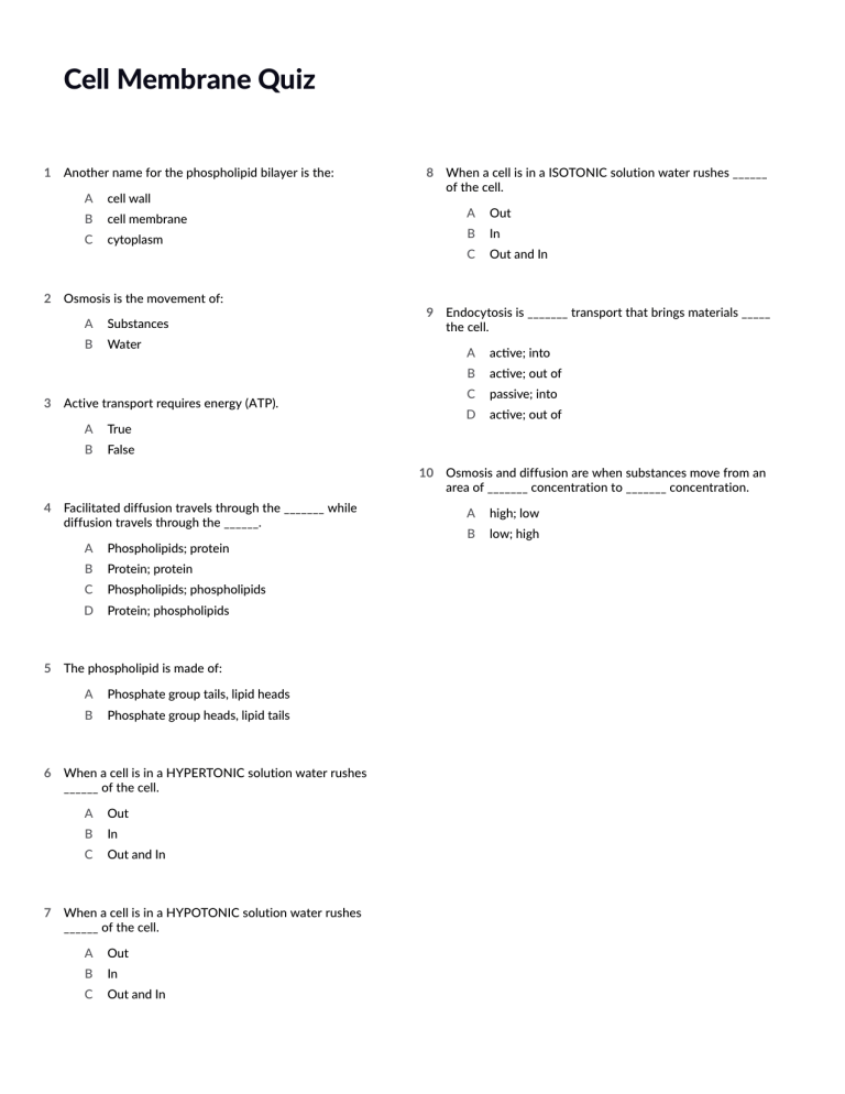 Cell Membrane Quiz High School Biology