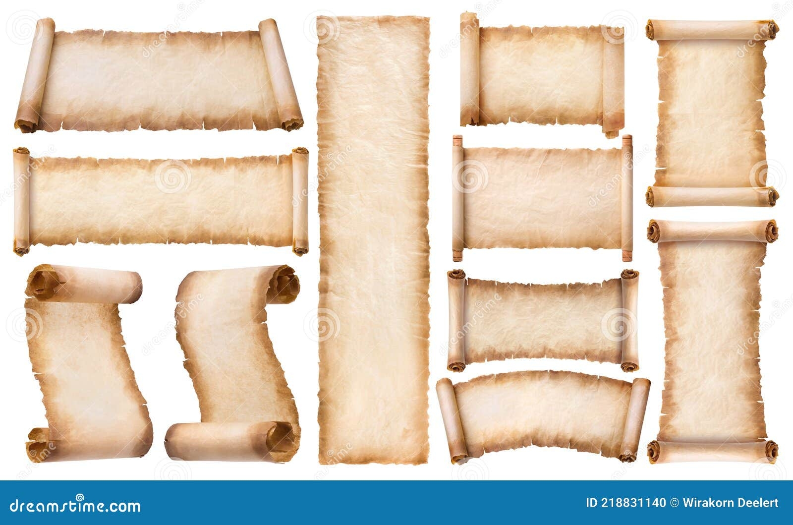 Collection Set Old Parchment Paper Scroll Sheet Vintage Aged Or Texture