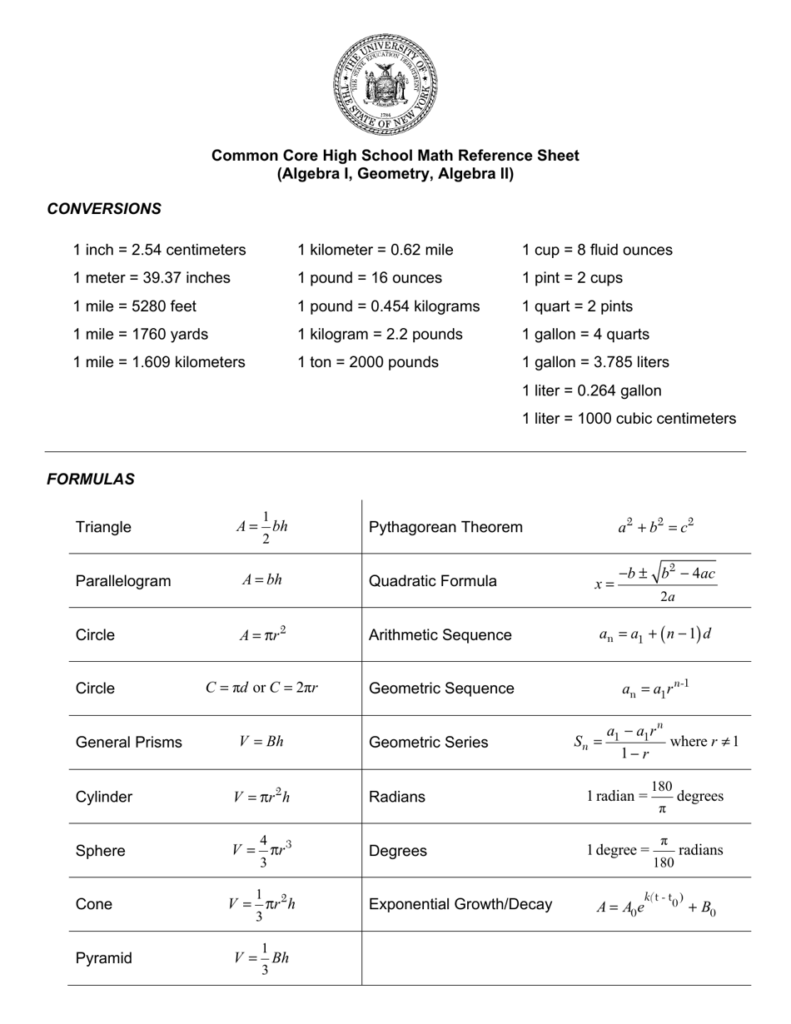 Common Core High School Math Reference Sheet Download Printable PDF 