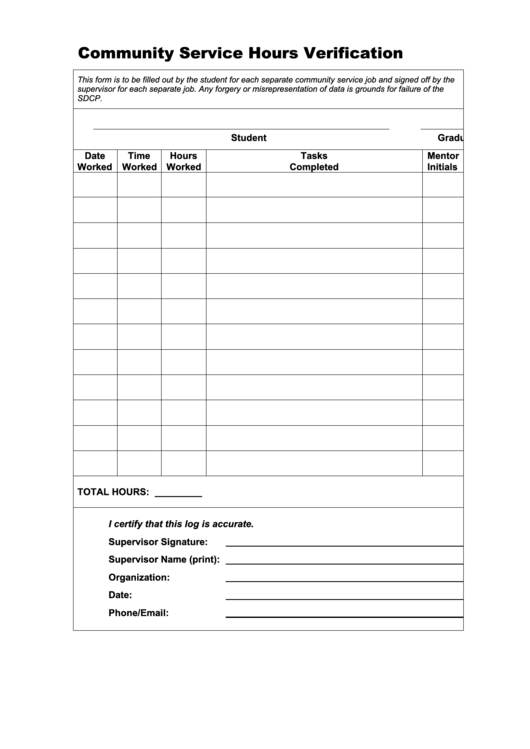 Community Service Hours Verification San Dimas High School Printable