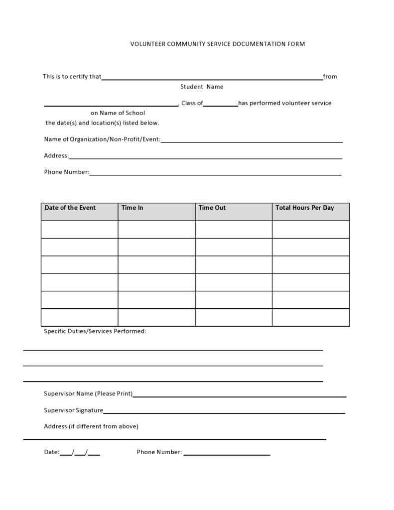 Community Service Log Sheet Print