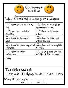 Consequence Reflection Classroom Discipline Behavior Reflection 