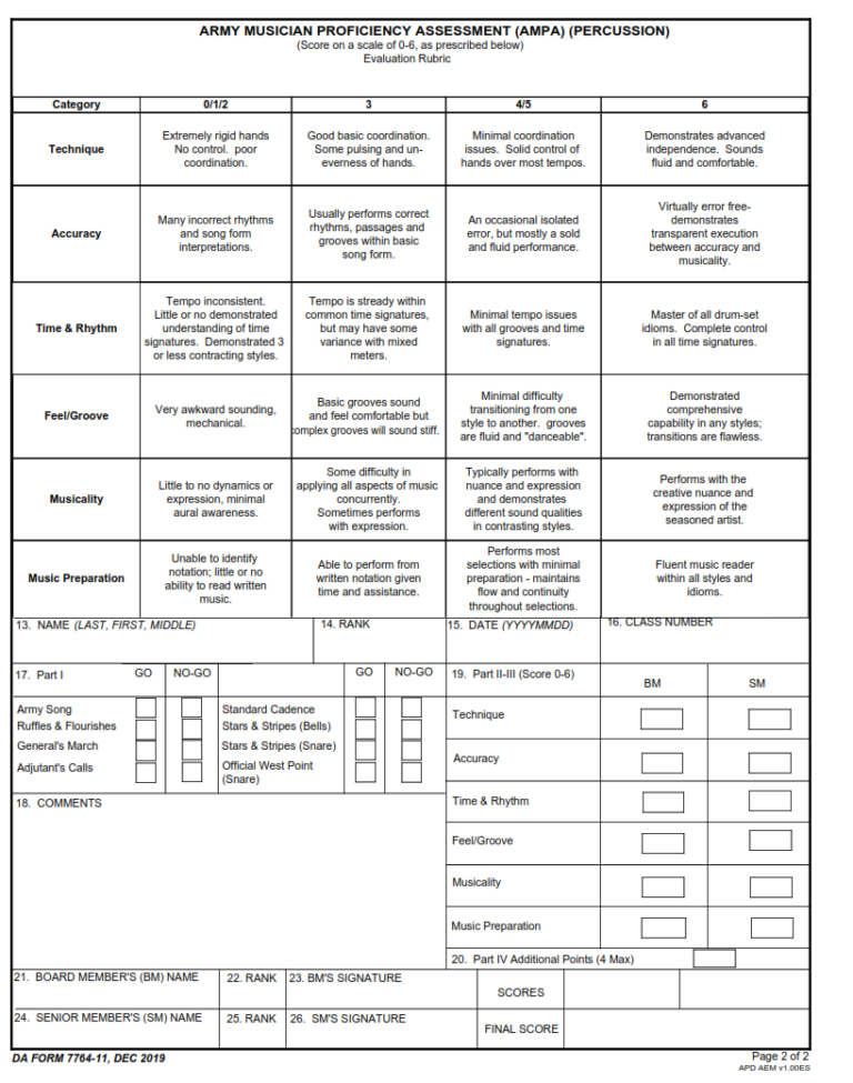 DA Form 7764 11 Army Musician Proficiency Assessment Ampa Percussion