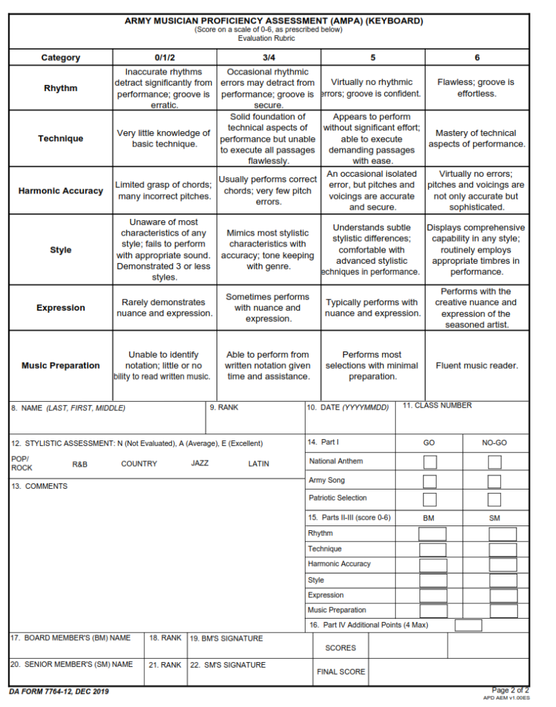 DA Form 7764 12 Army Musician Proficiency Assessment Ampa Keyboard 