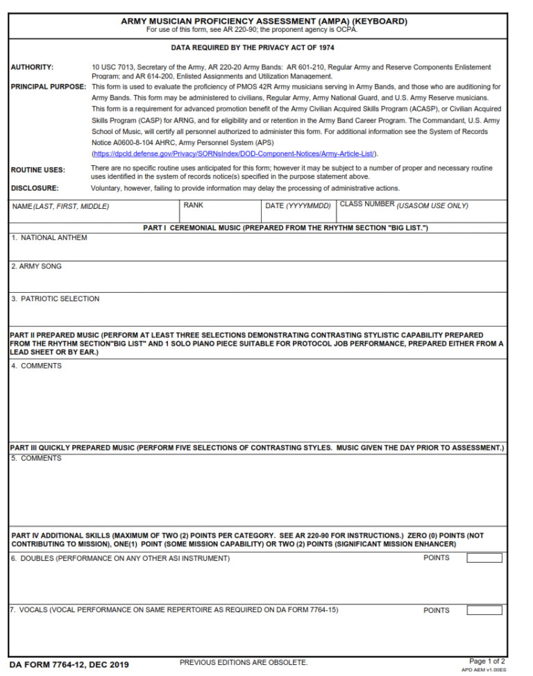 DA Form 7764 12 Army Musician Proficiency Assessment Ampa Keyboard 