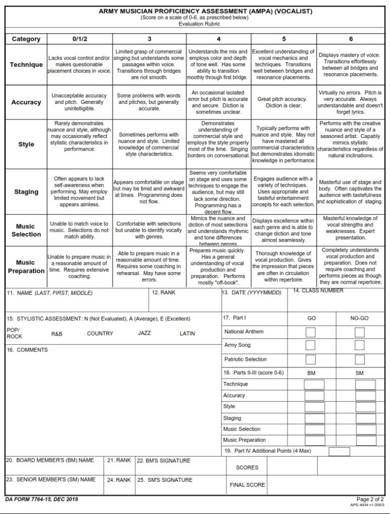 DA Form 7764 15 Army Musician Proficiency Assessment AMPA Vocalist 
