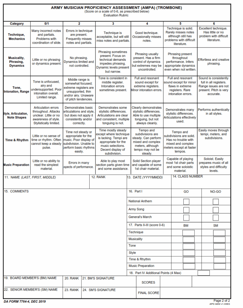 DA Form 7764 4 Army Musician Proficiency Assessment Ampa 