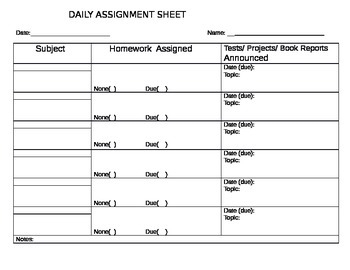 DAILY ASSIGNMENT SHEET MIDDLE SCHOOL By quot Organize Smorganize quot TpT