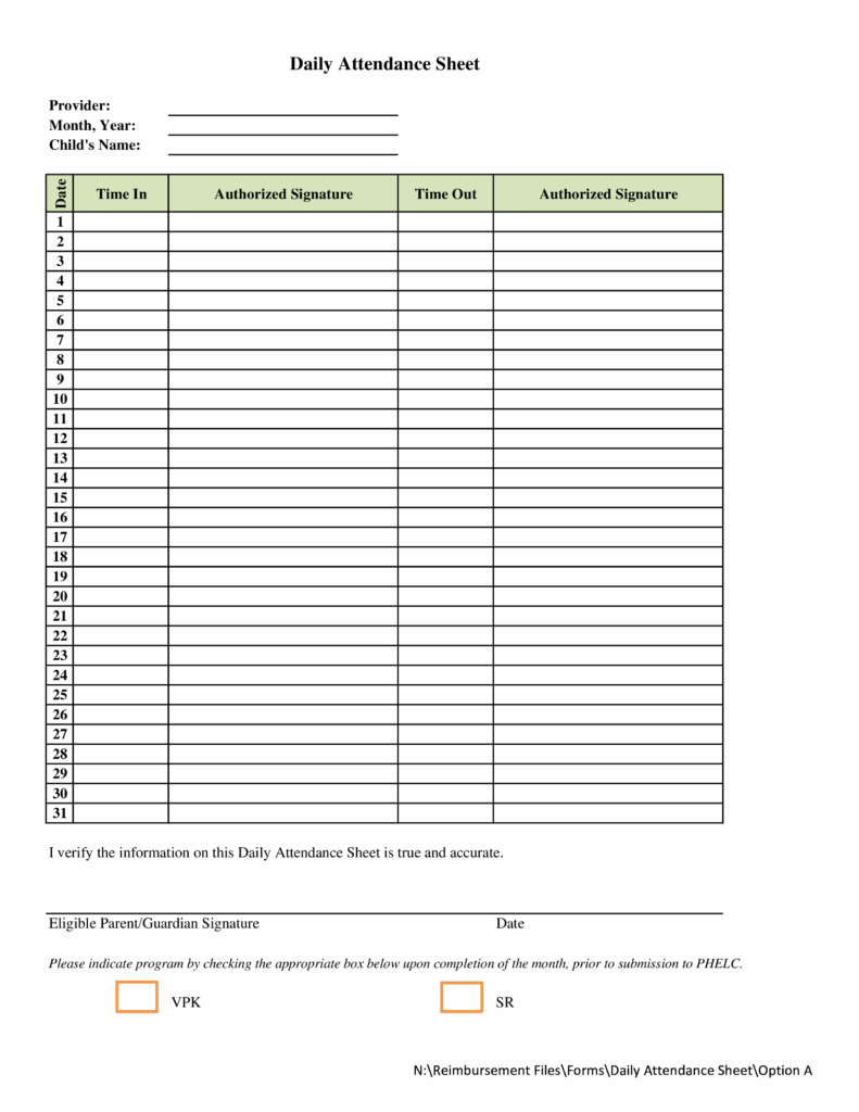Daily Attendance Sign In Sheet Templates At Allbusinesstemplates