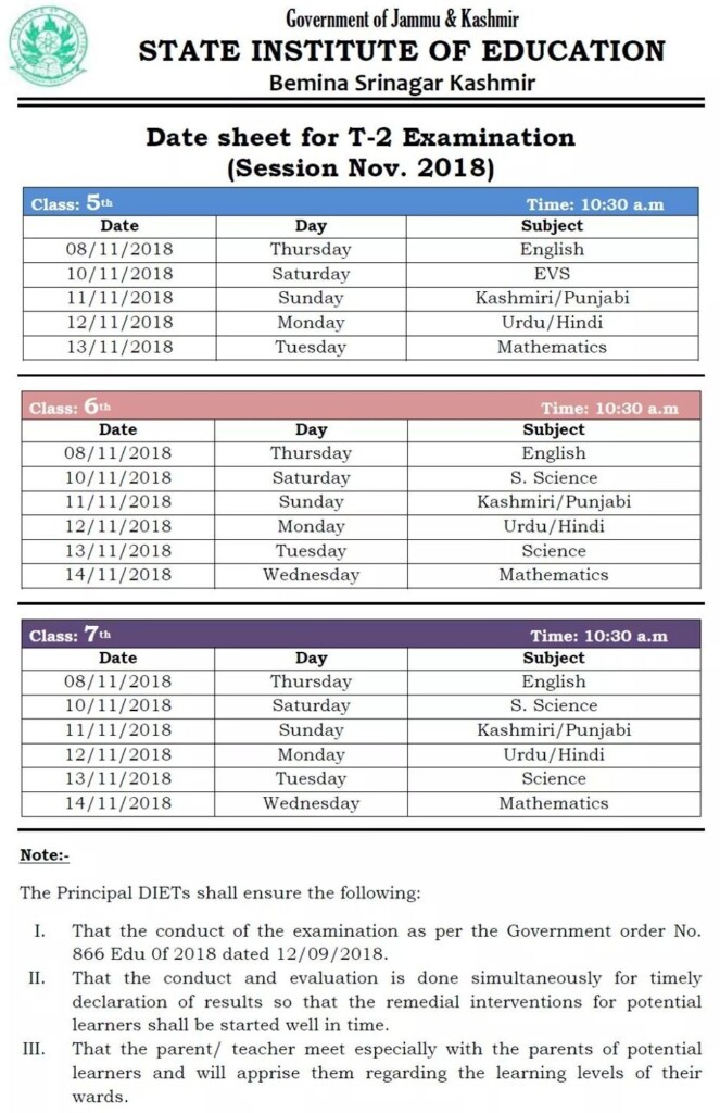 Date Sheet For Class 5th 6th 7th T2 Exam 2018 Of Kashmir Province 
