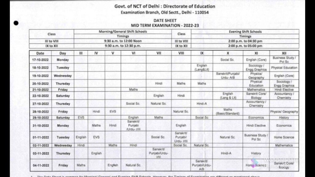 Date Sheet mid Term Examination 2022 23 Date Sheet By Govt of NCT Of 