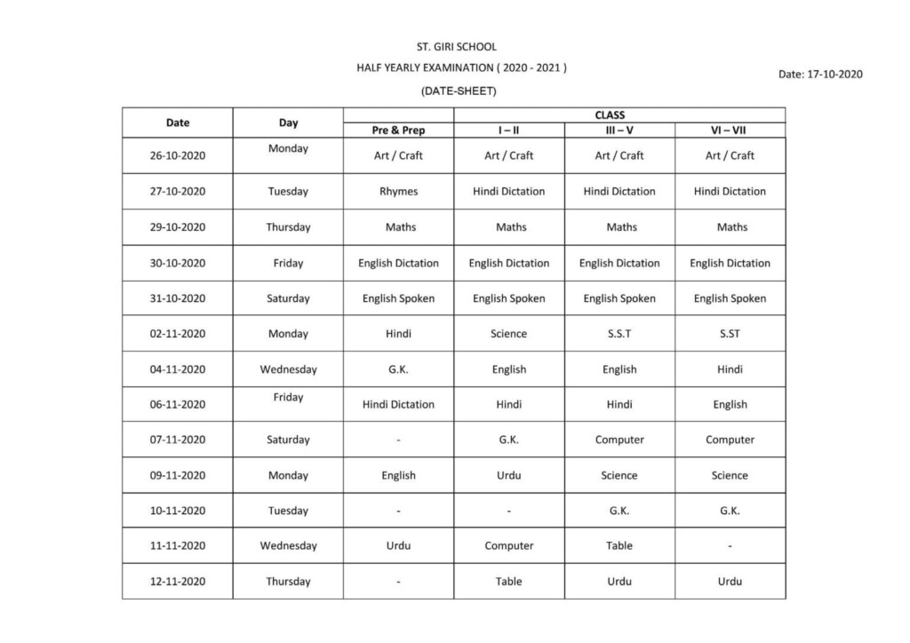 Date Sheet St Giri School