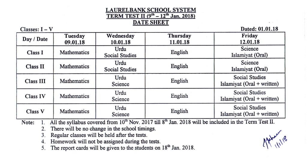 Date Sheet Term Test II Dated 01 January 2018 Laurelbank School 