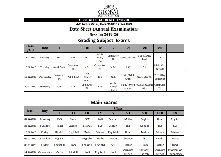 Date Sheets For Half Yearly And Main Examination Global Public School