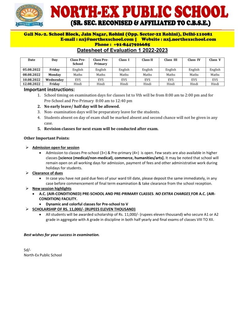Datesheet Of Evaluation 1 2022 2023 Sector 38 Branch NPS NorthEx